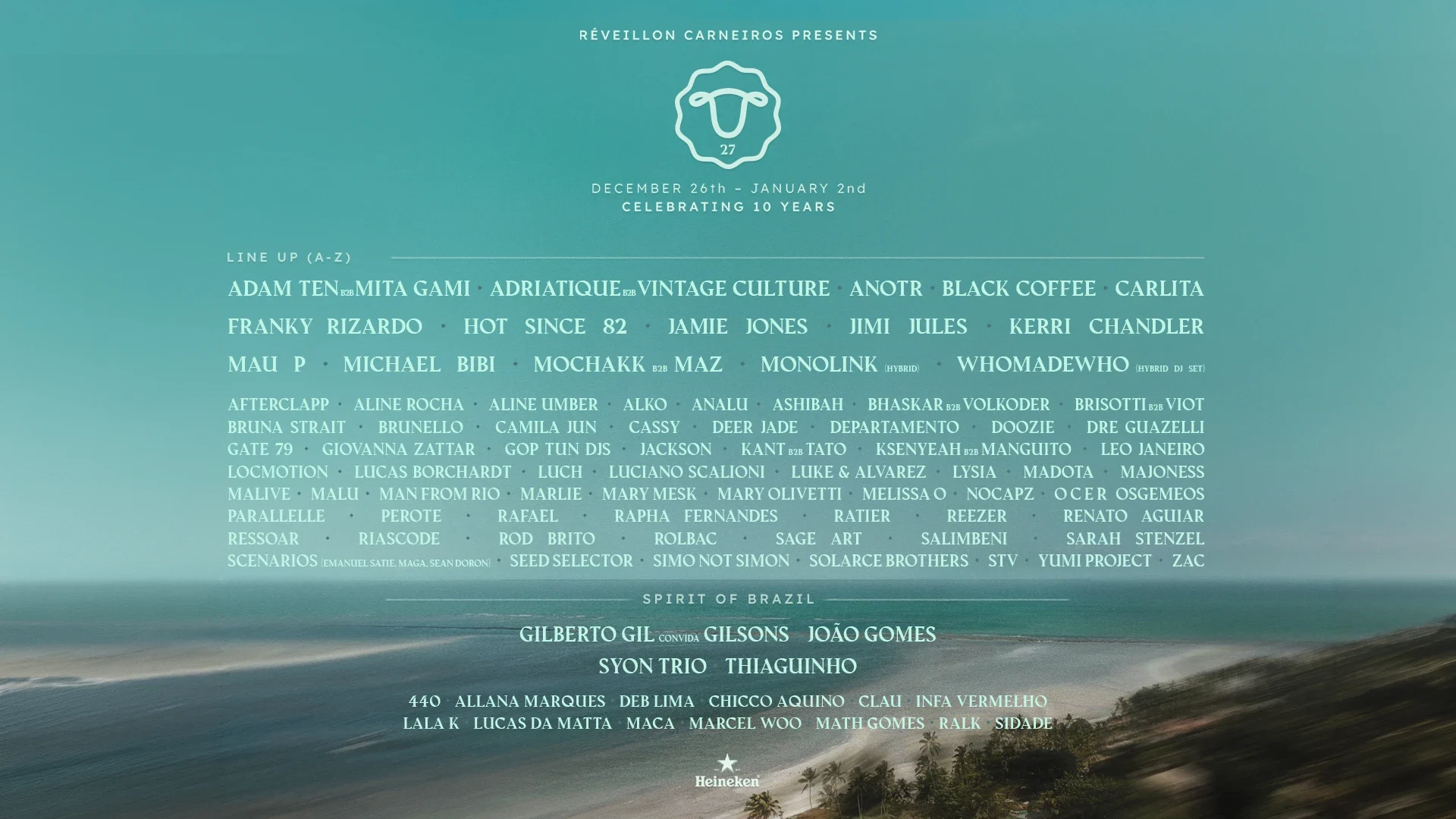 Réveillon Carneiros 2026/27 lineup, December 26 to January 2, celebrating 10 years