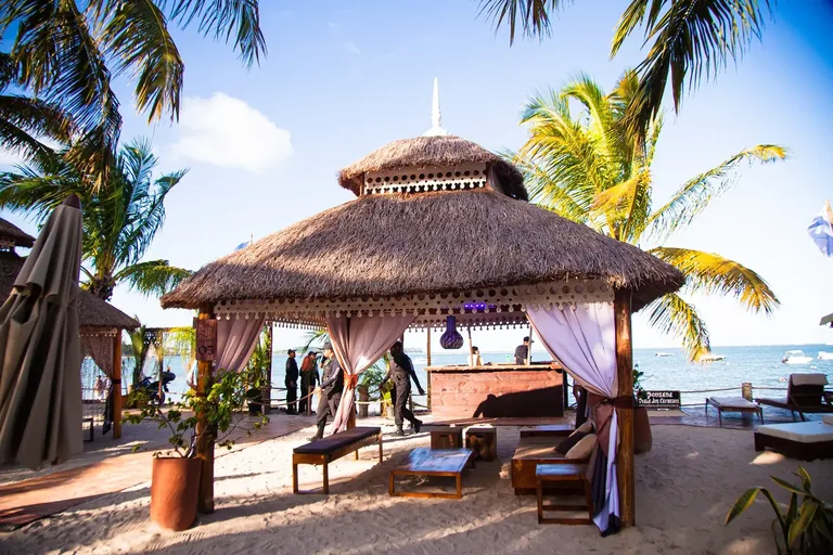 Shaded lounges by the sea at Mouton Beach Club